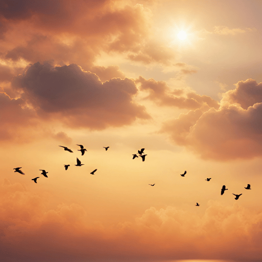 Ein dramatischer Sonnenuntergang oder Sonnenaufgang mit einem orangefarbenen und goldenen Himmel, durchzogen von dunkleren Wolken in warmen Tönen. Die Sonne scheint hell im oberen rechten Bereich des Bildes und erzeugt einen strahlenden Lichtpunkt. Mehrere Vogelschwärme sind als dunkle Silhouetten vor dem leuchtenden Himmel zu sehen, die in verschiedene Richtungen fliegen und ein Gefühl von Weite und Freiheit vermitteln.